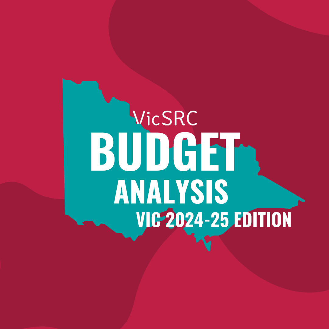 alt="This is a red graphic with the text VicSRC Budget Analysis Vic 2024-25 Edition. There is a blue image of the Victorian state behind the text".