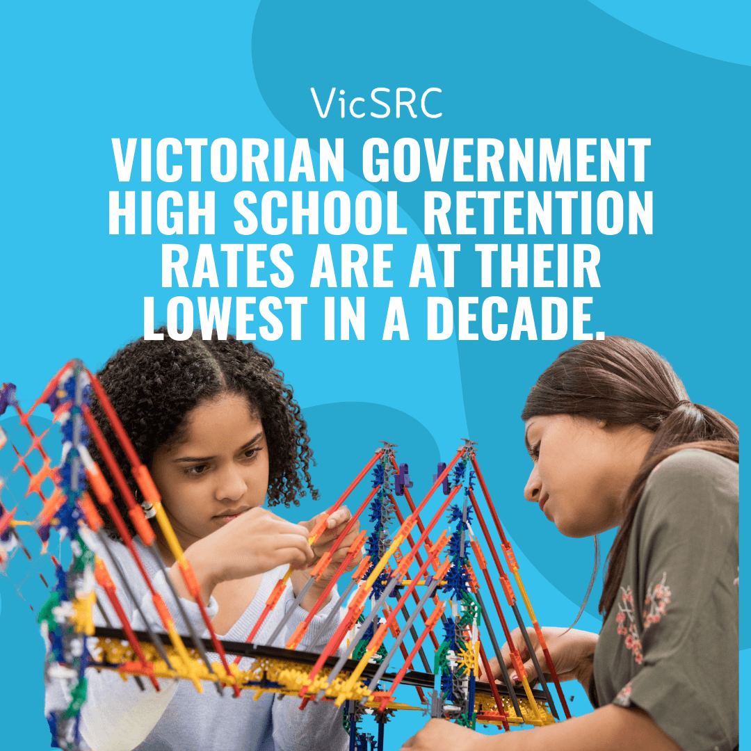 alt="This is a blue graphic to pair with VicSRC's article on school retention rates. The title is in the top centre, and two students are building a project at the bottom".