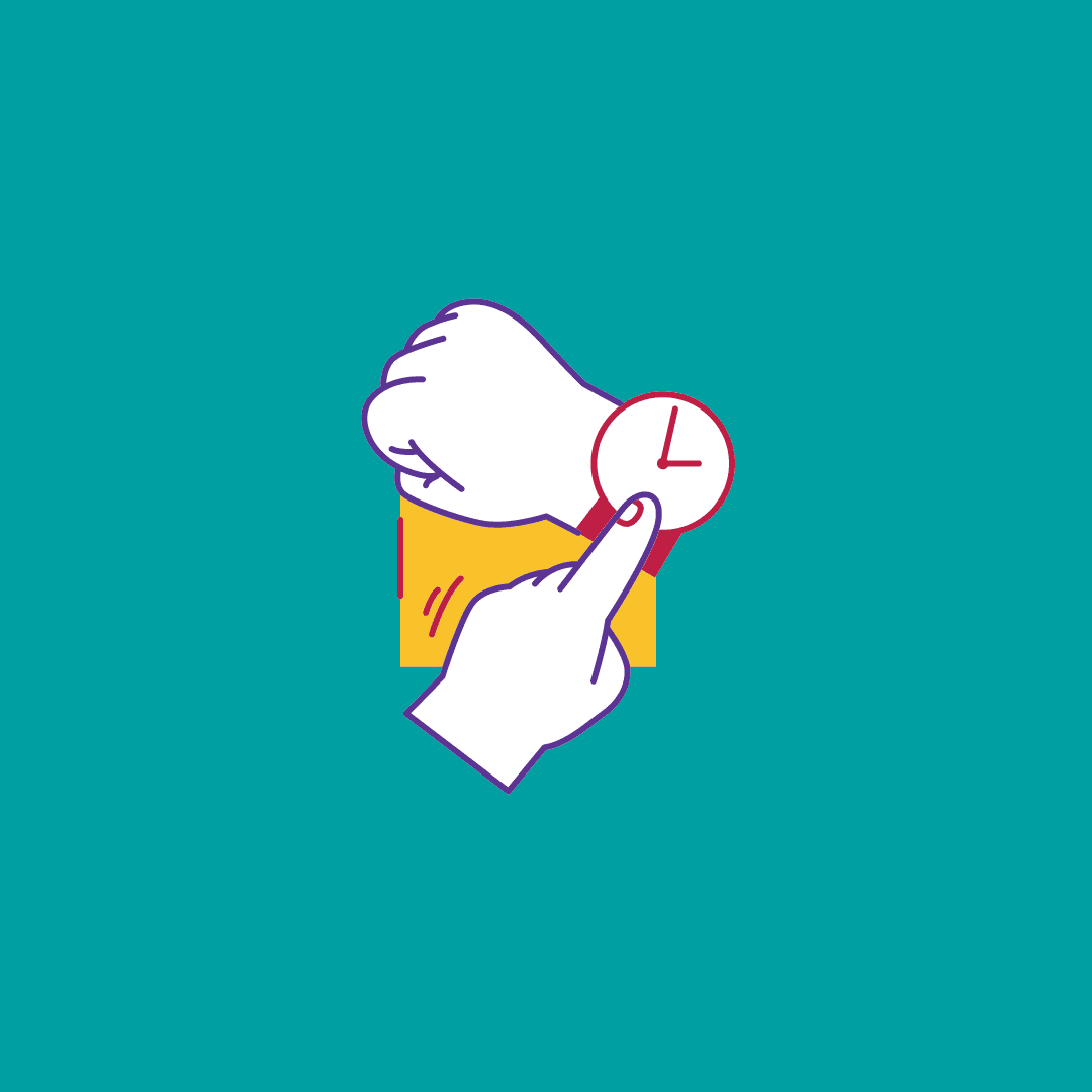 a cartoon illustration of a hand pointing at a watch