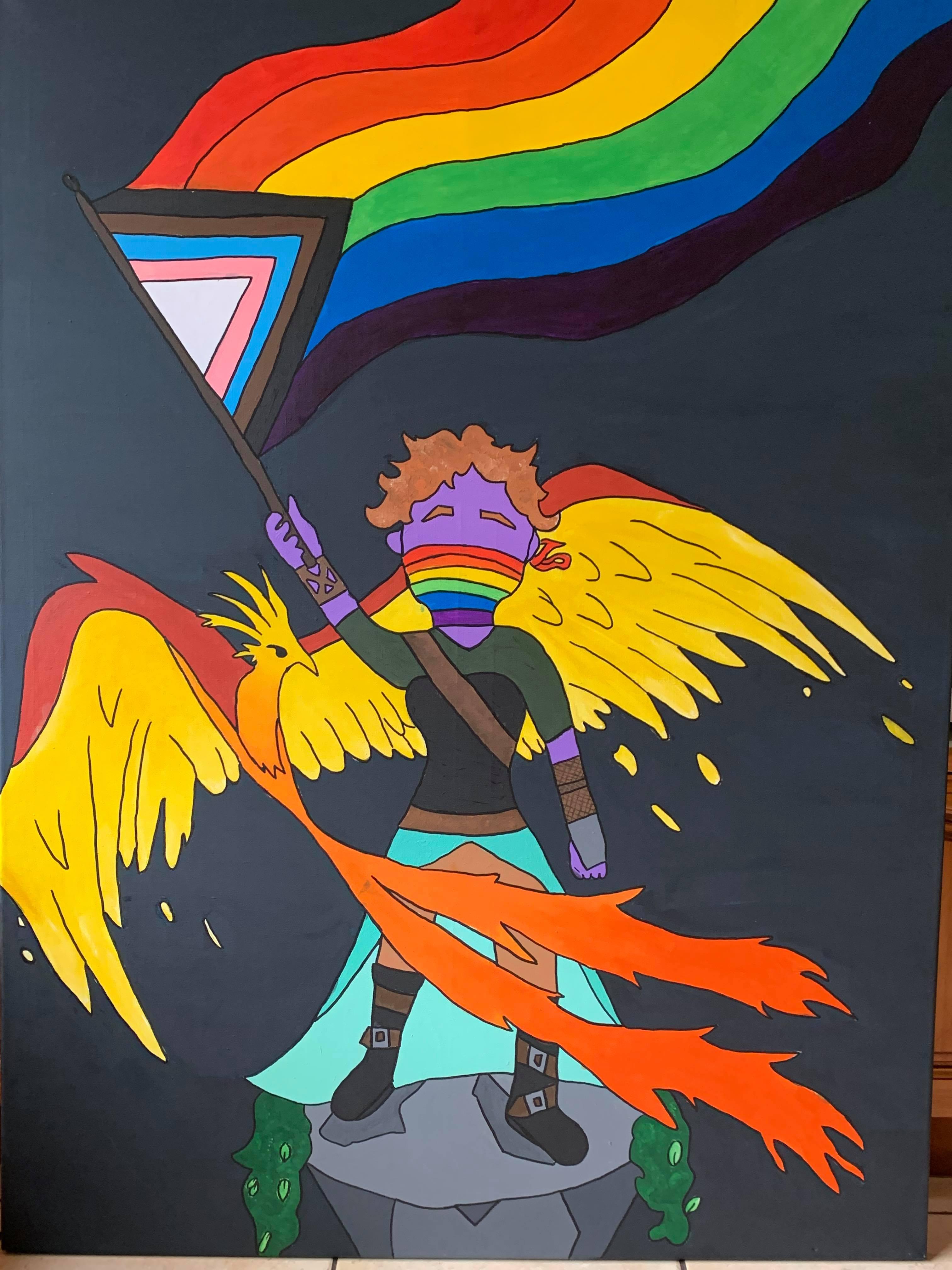 An illustration of a purple figure wearing a Pride mask, holding a Pride flag. The figure stands on a rock and is encircled by a golden bird with large yellow wings.