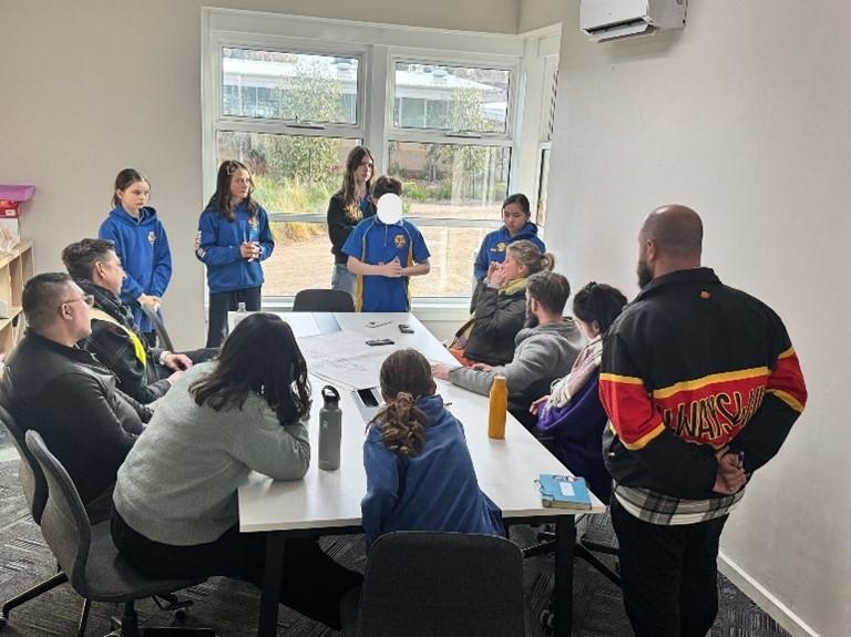 5 students stand in front of a group of teachers, seemingly leading a discussion with them.