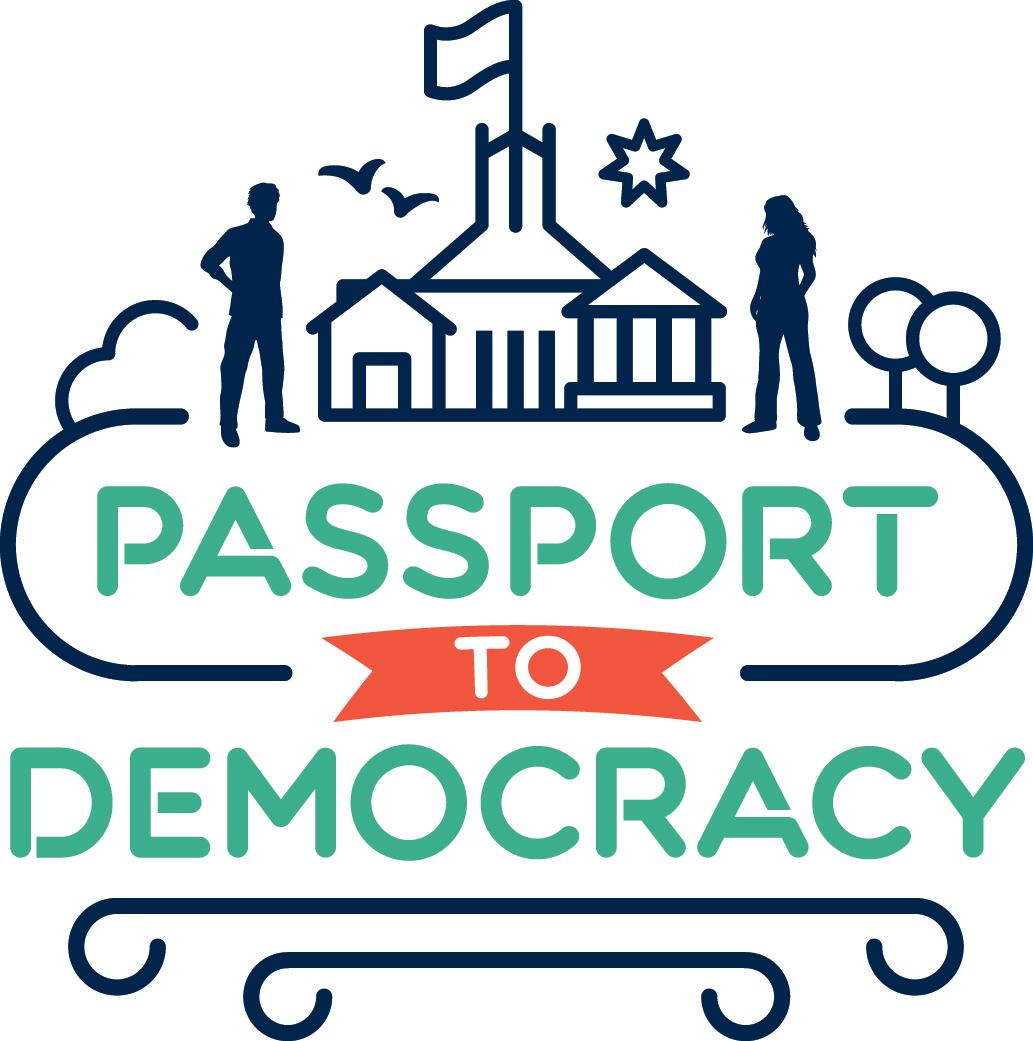 A logo composed of two silhouettes of people, one standing either side of a stylised, official looking building with a flag on top, perched above the text 'Passport to Democracy'.