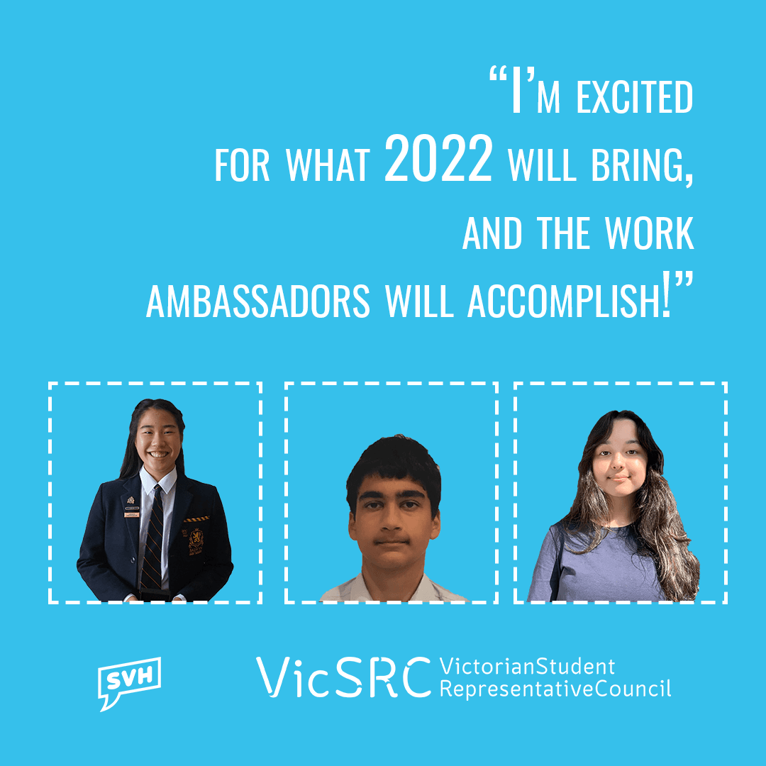 Cut out photos of three VicSRC Ambassadors on a blue background under a quote from the piece.