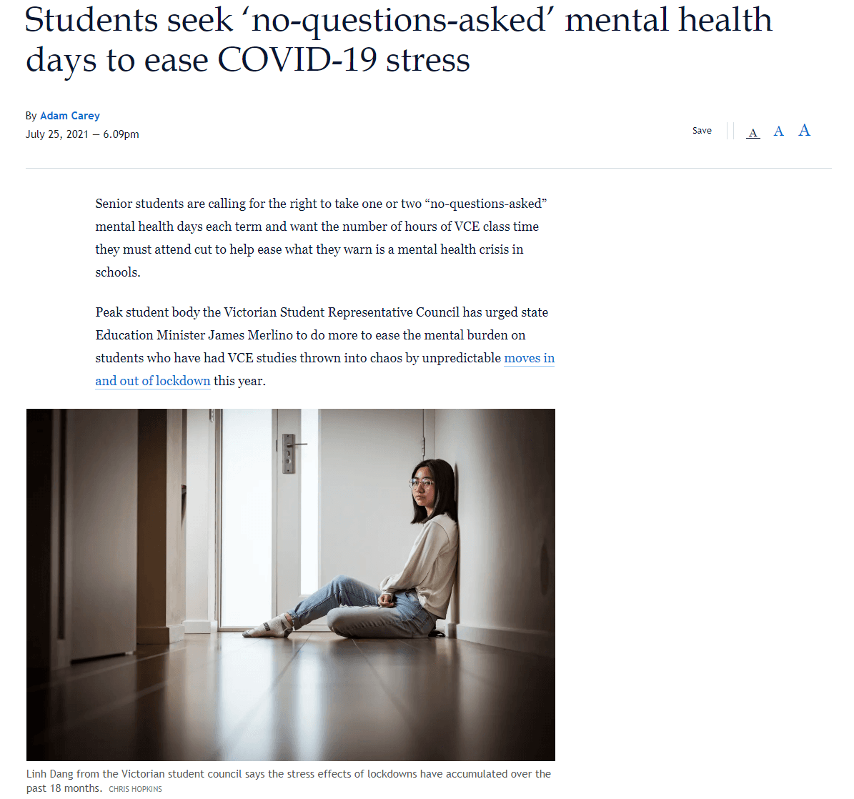 A screenshot of a story in the Age featuring the headline 'Students seek 'no-questions-asked' mental health days to ease COVID-19 stress.
