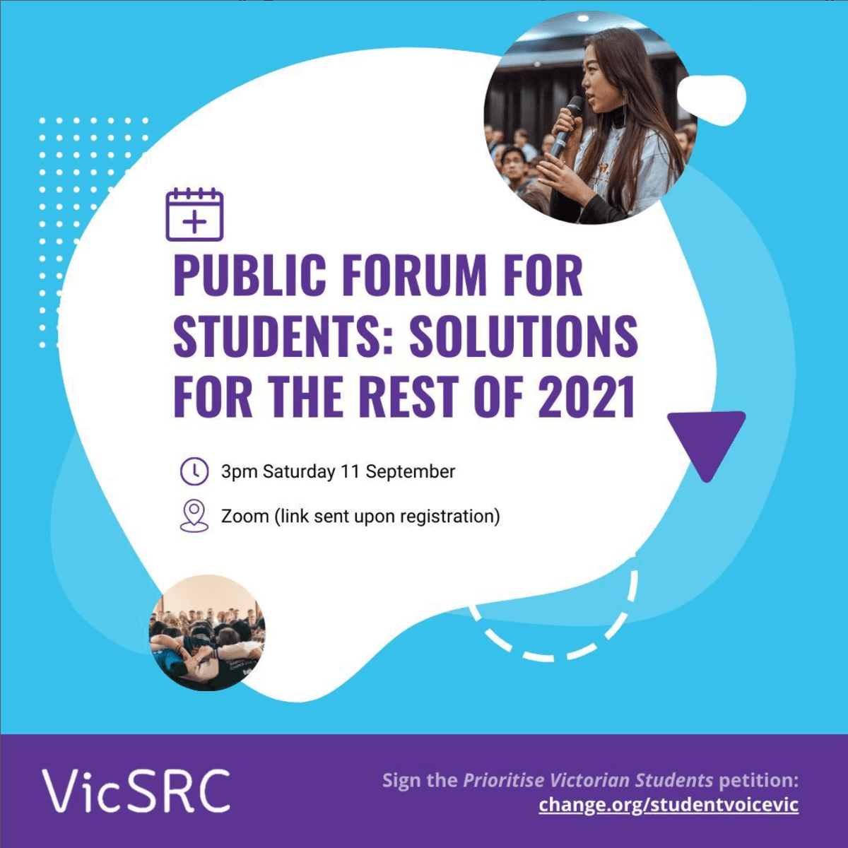 A graphic Instagram tile reads 'Public forum for students: solutions for the rest of 2021'.