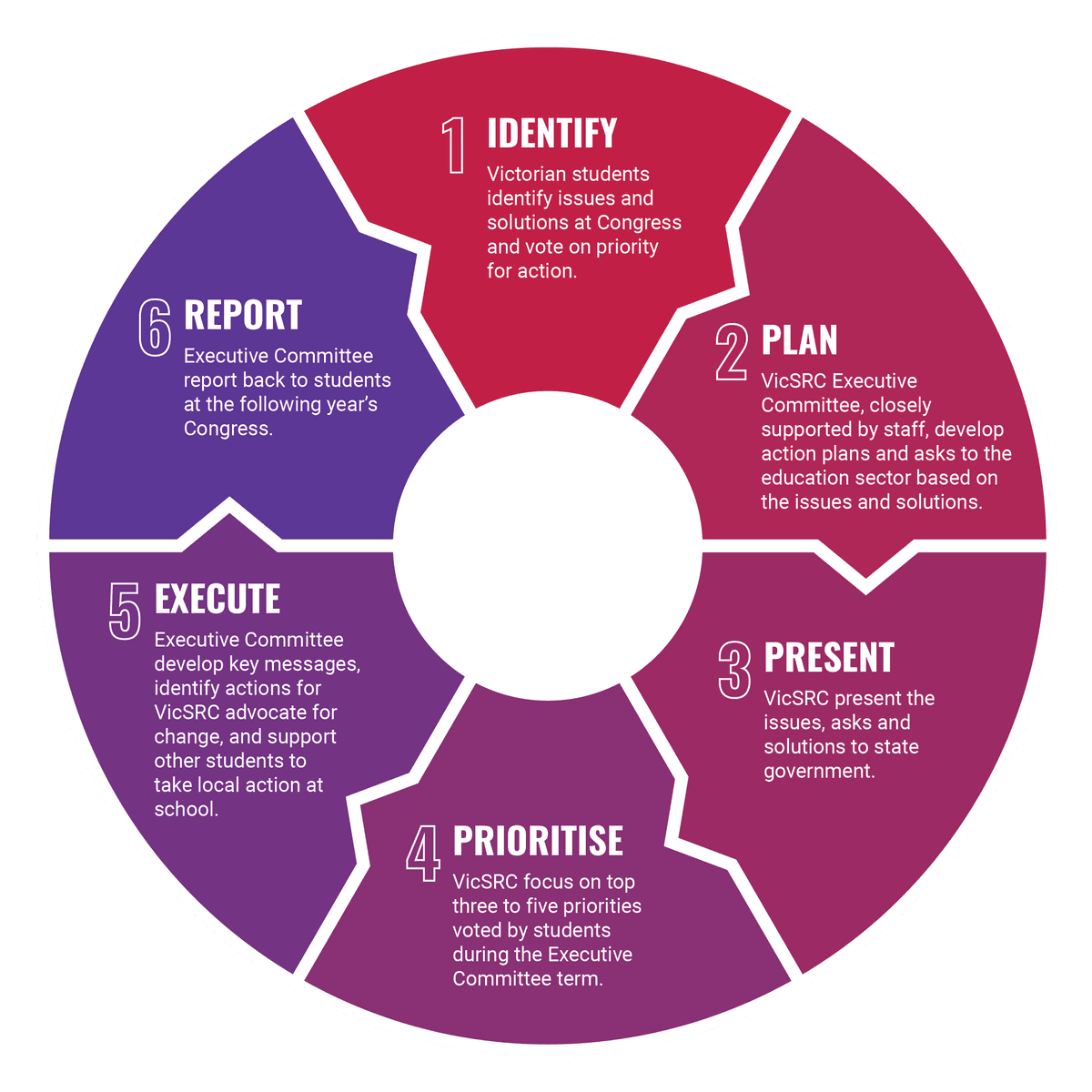 A graphic depiction of VicSRC's six step advocacy cycle.