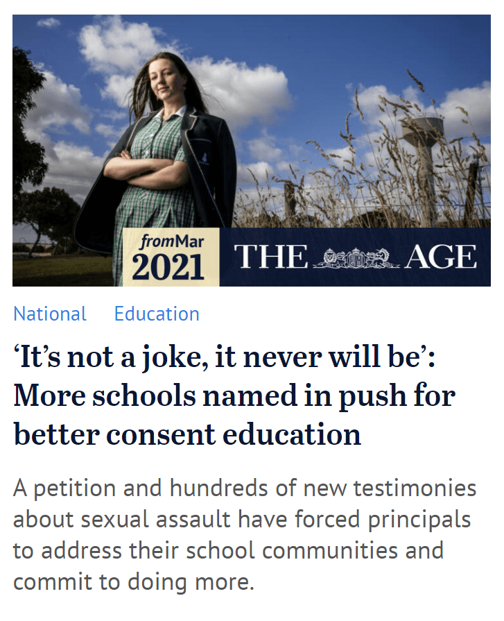 Screenshot of a news article featuring a photo of VicSRC Executive Committee member Sienna above the headline 'It's not a joke, it never will be: more schools named in push for better consent education'.