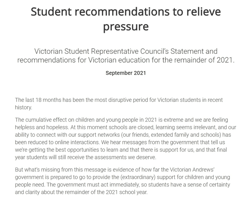 A screenshot of a statement headed 'Student recommendations to relieve pressure'.