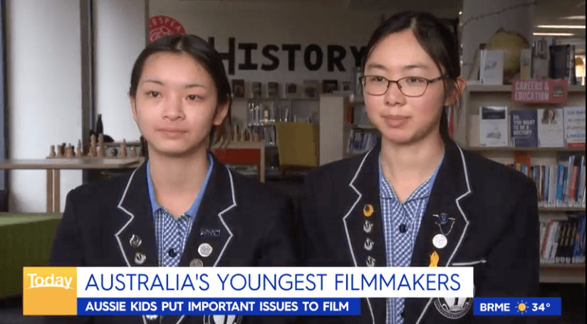 A screenshot of two students being interviewed on Today, declaring them 'Australia's youngest filmmakers'.